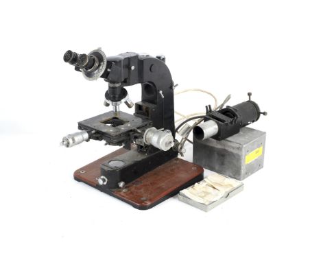 A mid-20th century Cooke, Troughton and Simms M4000 Series binocular compound microscope with slides. #M408, Universal stand,