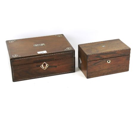 Two vintage wooden boxes. A mahogany and mother of pearl inlaid jewellery box, L27cm x D19cm x H11cm, and a rosewood tea cadd