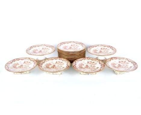 A 19th century Grainger's Worcester &amp; Co red chinoiserie pattern part dessert-service. Printed red marks, decorated with 