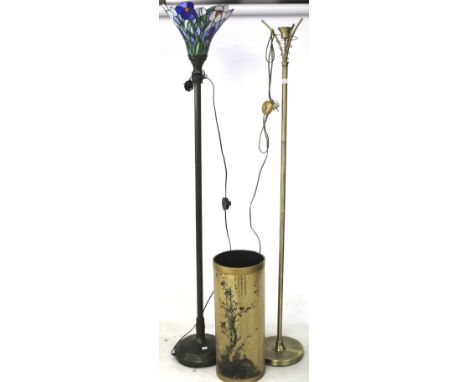 Two contemporary floor lamps and an umbrella stand. One lamp a gilt metal example with circular base, H172cm, the other with 