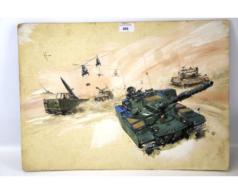 A contemporary acrylic on board painting. Depicting a military scene featuring army tanks, helicopters and armoured vehicles,