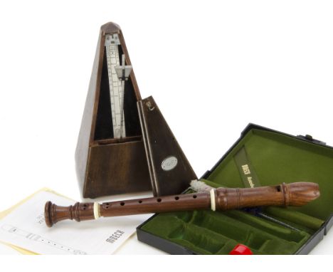 Recorder &amp; Metronome, Moeck three piece soprano recorder in dark wood bought in 1985 plus Maetzel Paquet metronome, very 