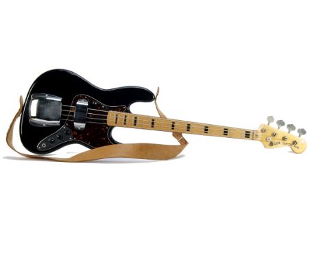 Maya Bass Guitar, a Maya Electric Bass, made in Japan - Black with Tobacco scratchplate, twin pickups, leather strap - no mod