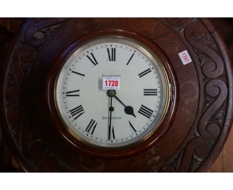 A small 19th century mahogany fusee wall clock, the 8in painted dial inscribed 'Barfoot, Brighton', with pendulum. 