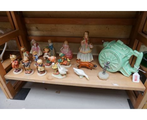 A mixed group of pottery and porcelain, to include: a Clews &amp; Co 'Belisha' novelty teapot and cover; eight Hummel figures