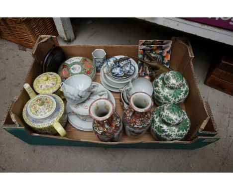 A collection of Chinese and Japanese porcelain, to include: a pair of famille rose vases, 20cm high; and an opium pipe. 