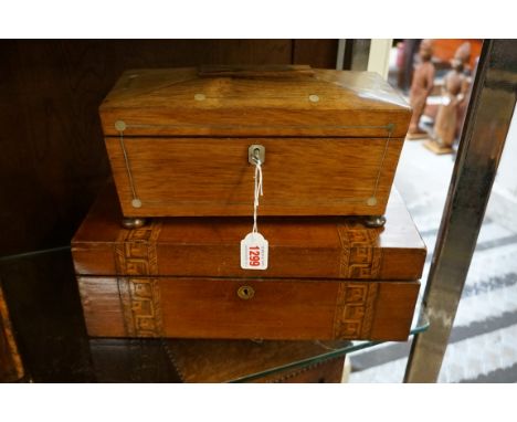 A Victorian rosewood and pewter strung sarcophagus tea caddy,&nbsp;30cm wide, (with void interior); together with another Vic