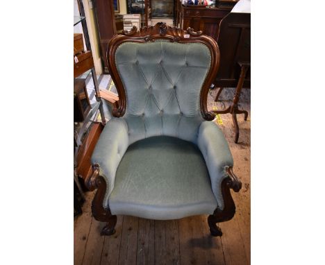 A good 19th century carved walnut and button upholstered occasional chair.&nbsp; Provenance: from Alnwick Castle, given by th