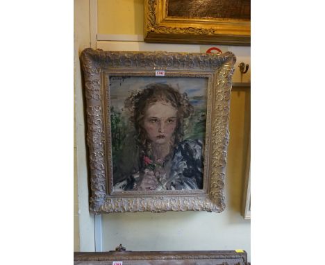 Aurel Naray,&nbsp;head and shoulders portrait of a young lady with flowers, signed, oil on canvas, 44.5 x 36.5cm. 