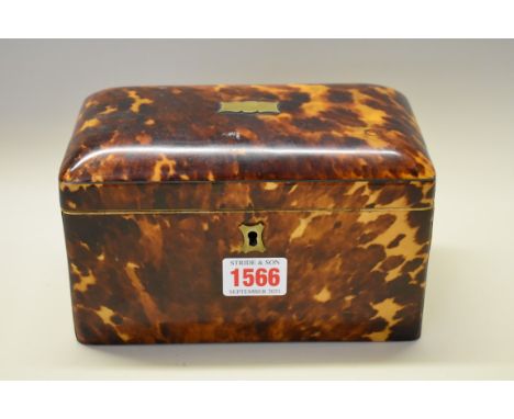 A 19th century tortoiseshell and pewter strung tea caddy, 18cm wide.&nbsp; 