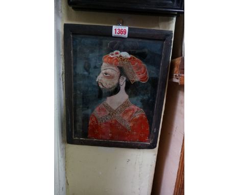 An antique reverse glass painted portrait of a Persian gentleman,&nbsp;24 x 19cm. 