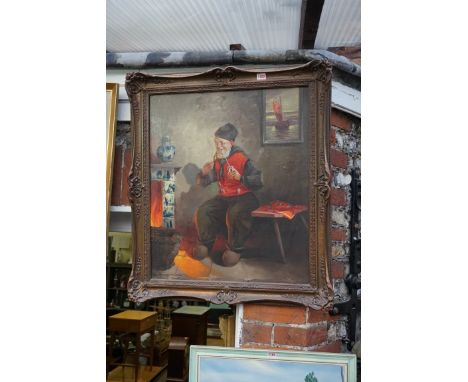 European School, contemporary, ‘The Pipe Smoker’, indistinctly signed, oil on canvas, 68.5 x 58cm.&nbsp; 