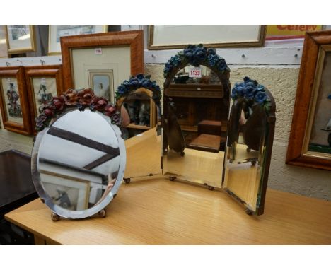 A barbola framed triptych mirror, 37.5cm high; together with another smaller easel back example. 