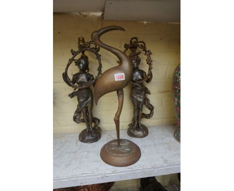 A pair of Art Nouveau style gilt spelter figural table lamps,&nbsp;height excluding fitting 45cm; together with a large brass