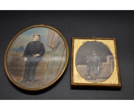 Two overpainted portrait miniatures, largest 14.5 x 11cm oval. (2)&nbsp; 