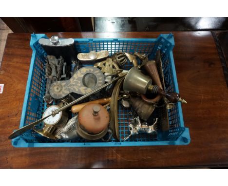 A mixed group of metalware and similar, to include: a military copper bugle; a small handbell; a novelty timepiece, etc. 