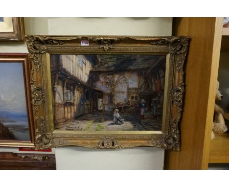 Frank Moss Bennett,&nbsp;mother and child in an Elizabethan courtyard, signed and dated 1929, further inscribed 'Sketch', oil
