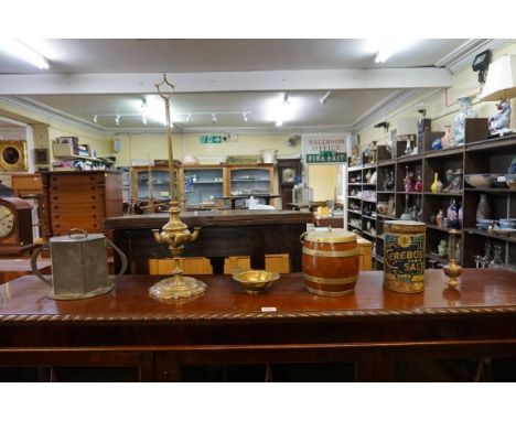 A mixed lot, to include: a hammered pewter twin handled biscuit barrel, 16cm high, (s.d. to hinge); a three branch table ligh