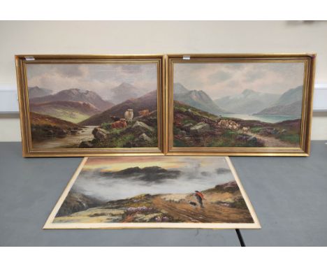 19TH CENTURY SCOTTISH SCHOOL. Highland landscapes with cattle, sheep &amp; drover. Pair of oils on canvas. Each 38cm x 59cm. 