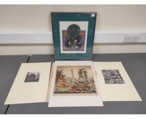 Scales of Justice, fantasy colour print, pencil signed by Feilding, (19)75; also 3 other prints &amp; wood engravings.&nbsp; 