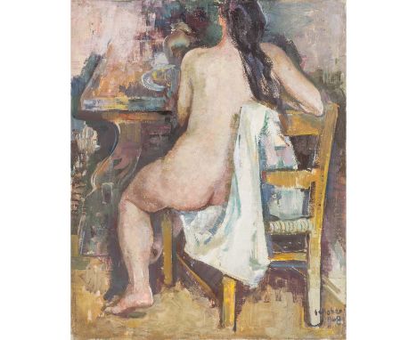 SCHOBER, PETER JAKOB (1897-1983), "Mädchen am Tisch", Rückenakt einer sitzenden jungen Frau, u.re. signiert und datiert 'Scho