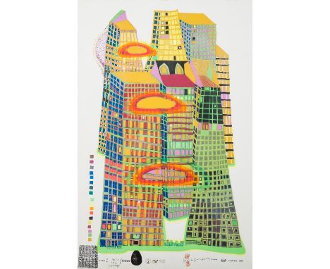 HUNDERTWASSER, FRIEDENSREICH (1928-2000), "Good Morning City - Bleeding Town", Farbserigraphie mit Metallfolien/Papier, in de