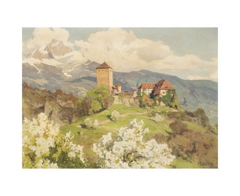 COMPTON, EDWARD HARRISON (1881-1960), "Schloss Tirol", zentraler Blick auf die mittelalterliche Hügelburg mit kleiner Figuren