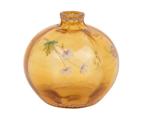 GALLÉ, ÉMILE, FLAKON, Nancy / Frankreich, 1895, kugelförmiger Korpus aus gelbbraunem Glas mit opaker Emaille-Malerei in varii