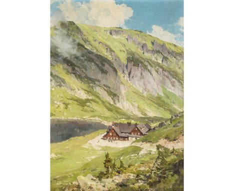 COMPTON, EDWARD HARRISON (1881-1960), "Kleine Teichbaude", Blick auf die rustikale Bergherberge im Talkessel um den Kleinen T