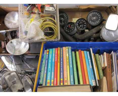 AUTOMOBILIA &amp; GARAGE TOOLS - Smiths clocks and dials, Lucas lamps, various hoses and tools and a quantity of Haynes' and 