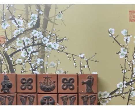 JAPANESE PAINTING on material - Blossom Tree, 46 x 48cms and a NORDIC CERAMIC wall decoration, 20 x 33.5cms