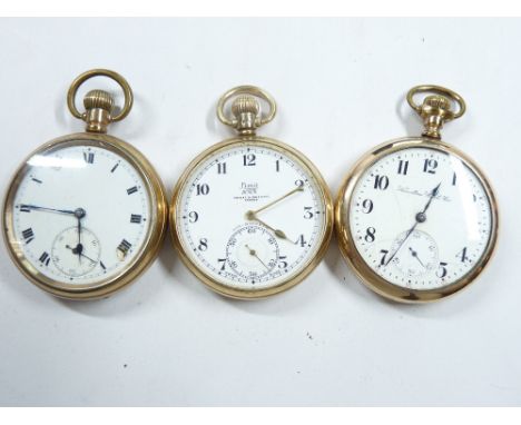 THREE HALF CASED GENT'S ROLLED GOLD POCKET WATCHES - Dennison star, Limit with Wright &amp; Griffiths, Bangor Retailer's name