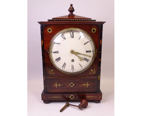 EARLY 19TH CENTURY REGENCY STYLE FLAME MAHOGANY, EBONY &amp; BRASS INLAID BRACKET CLOCK with fusee movement, includes key, 36