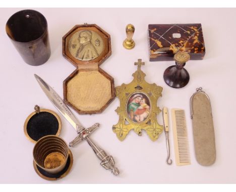 19TH CENTURY FRENCH PORCELAIN MADONNA &amp; CHILD PLAQUE IN BRASS FRAME, Regency tortoiseshell trinket box, folding brass cup