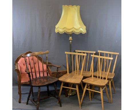 VINTAGE SEATING, 6 PIECES along with a brass effect standard lamp and shade, the seating to include a button upholstered tele
