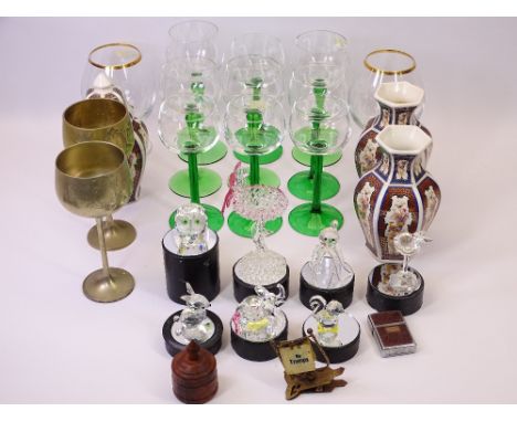 SWAROVSKI TYPE GLASS ORNAMENTS ON STANDS, a vintage 'Trumps' indicator, wine glasses, lighter ETC