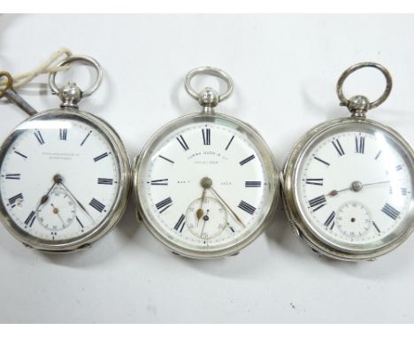 THREE SILVER ENCASED, HALF CASE KEY WIND GENT'S FOB WATCHES, all with white dial, Roman numerals and sweep seconds dial (swee