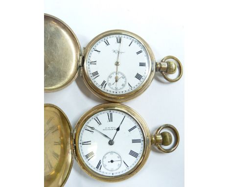 TWO GENT'S ROLLED GOLD FULL CASE WALTHAM POCKET WATCHES, each with white dial, Roman numerals and sweep seconds dial (glass m