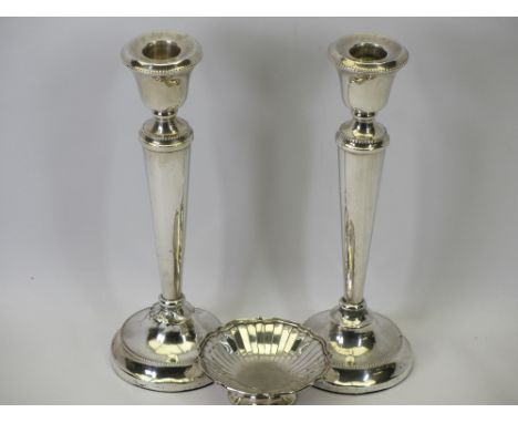 BOODLE &amp; DUNTHORNE SMALL SILVER TRAY and a pair of 1928 silver candlesticks, 23cms H