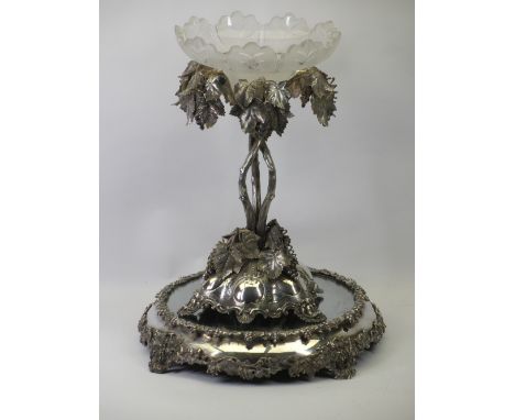 EPNS EPERGNE in the form of a tree with opaque glass bowl on a four footed mirrored stand, 50cms overall H on stand 