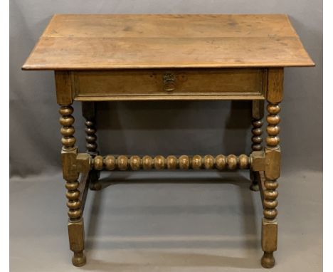 LATE 19TH CENTURY OAK SIDE TABLE with bobbin legs and single drawer, 72cms H, 89cms W, 59cms D