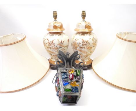 FANCY CHINESE TABLE LAMPS on hardwood stands, 42cms and a cast iron ceiling lamp