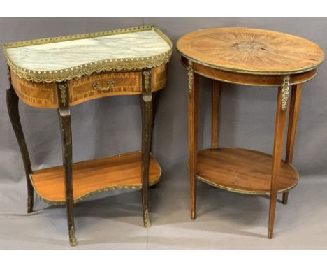 FRENCH, KINGWOOD STYLE 2 TIER TABLE with shaped marble top and brass gallery, single drawer and base shelf, 76cms H, 63cms W,