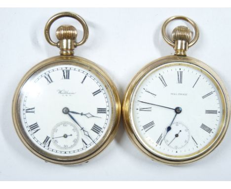TWO GENT'S WALTHAM HALF CASE ROLLED GOLD POCKET WATCHES, each with white enamel dial, Roman numerals and sweep seconds dial