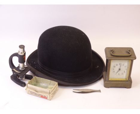 BOWLER HAT (label faded but marked 'Special Ventilation), Merit boxed microscope, and a brass carriage clock