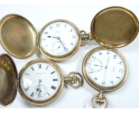 THREE ROLLED GOLD FULL CASE GENT'S POCKET WATCHES - one Elgin, two marked Federal and Limit, all with white dials, Roman nume