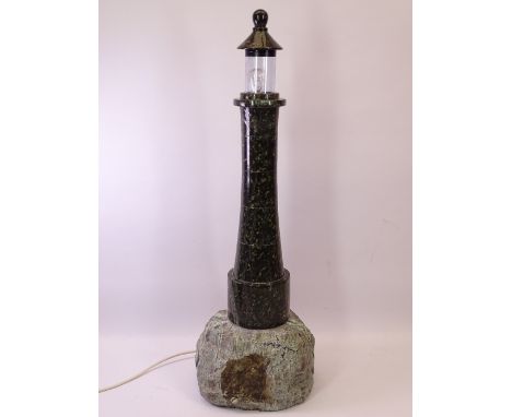 A CORNISH LIGHTHOUSE SHAPED TABLE LAMP, 60cms tall (replaced glass)