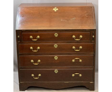 GEORGIAN BUREAU on bracket feet with brass escutcheons and swan neck handles, 100 x 90 x 52cms