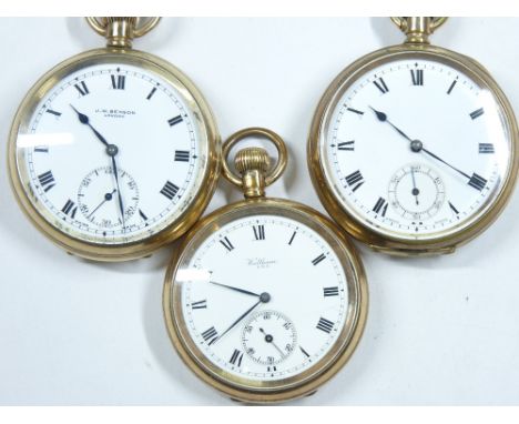 THREE HALF CASE ROLLED GOLD GENT'S POCKET WATCHES - one Waltham, one Benson and another, all with white dials, Roman numerals