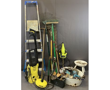 KARCHER PRESSURE WASHER, long handle garden tools, vintage tin tub and contents, milking stool and chisels ETC